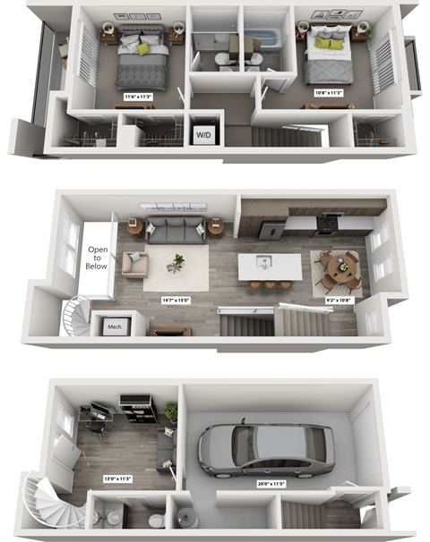 Floor plan for 2 beds, 2.5 baths, 1381 sqft